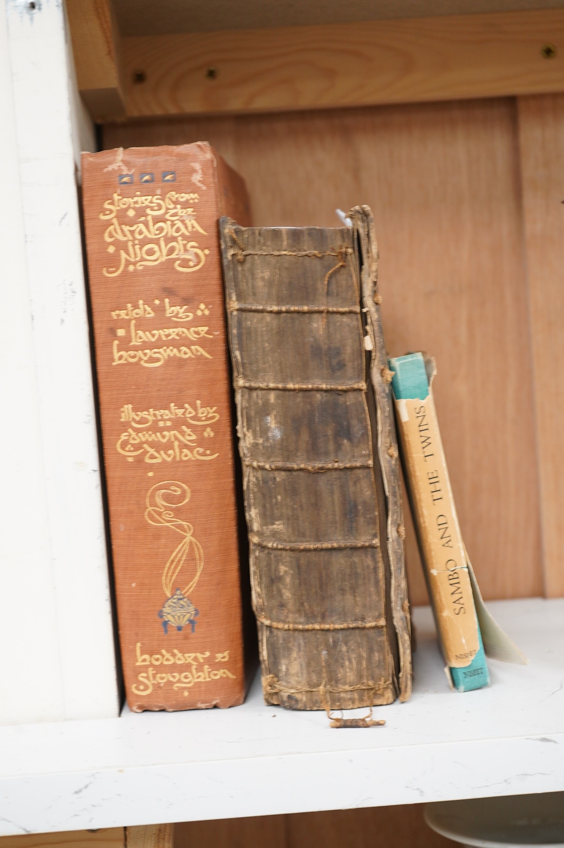 Three books, The Story of Sambo & the Twins, The Arabian Nights with drawings by Edmund Dulac, published Hodder & Stoughton, London and a late 17th century example, Dramatick Poesie, John Dryden, 1693